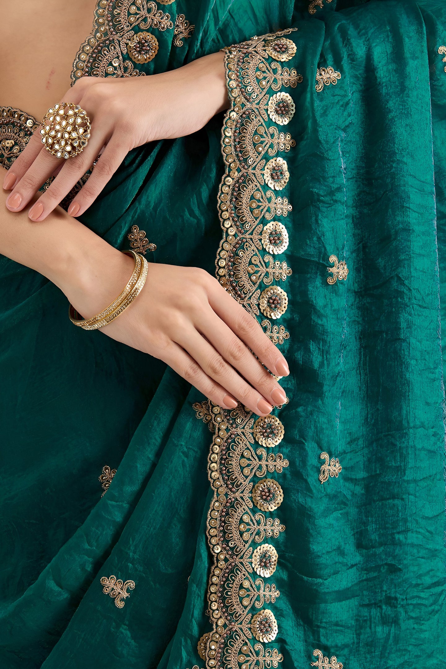 Rama Zari and Pearl Work Tissue Saree with Stitched Blouse