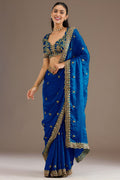 Royal Blue Tissue Saree with Stitched Blouse featuring Sequin, Zari and Pearl Work