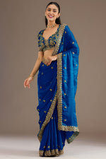 Royal Blue Tissue Saree with Stitched Blouse - Pearl Zari & Sequin Work