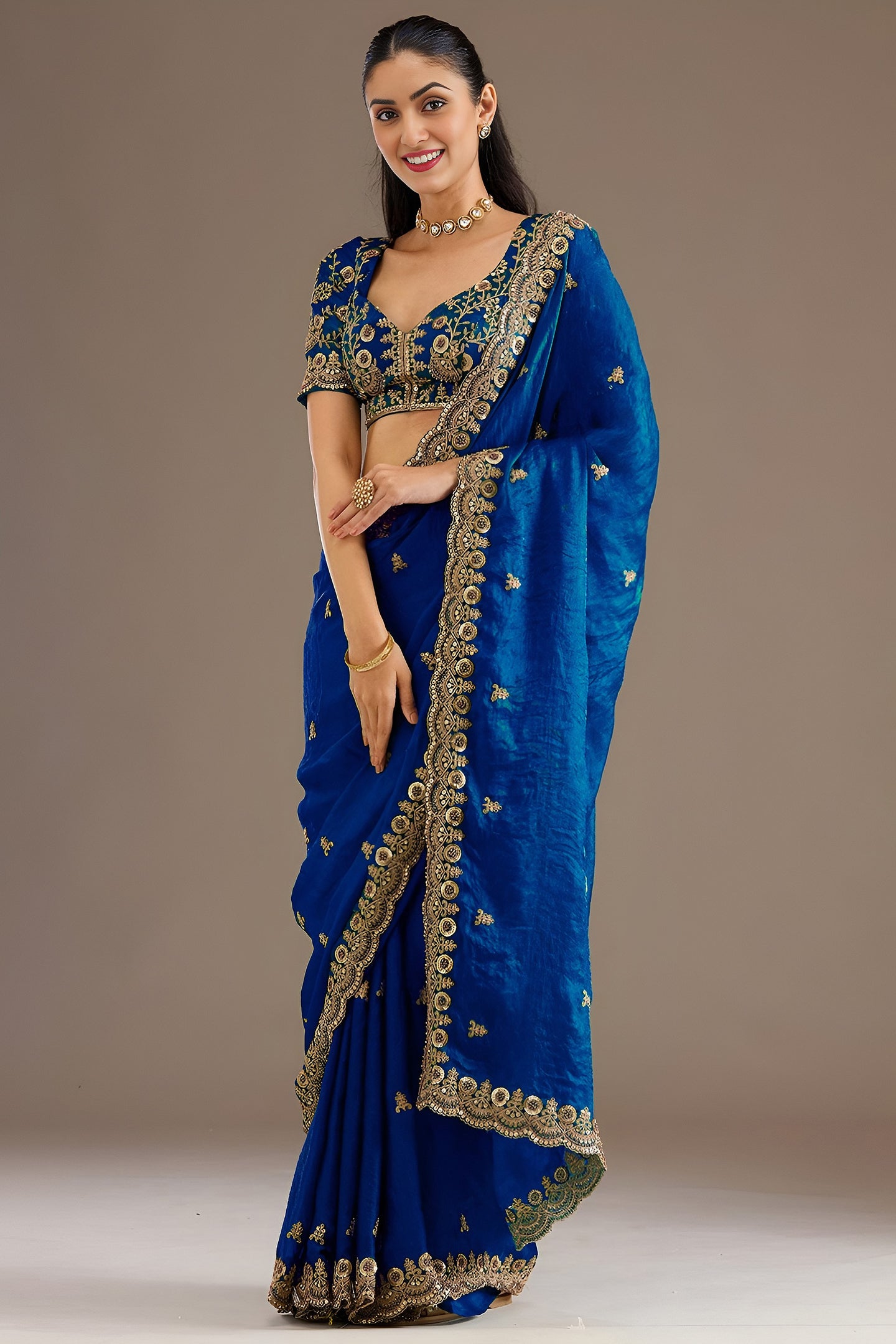 Royal Blue Tissue Saree with Stitched Blouse featuring Sequin, Zari and Pearl Work