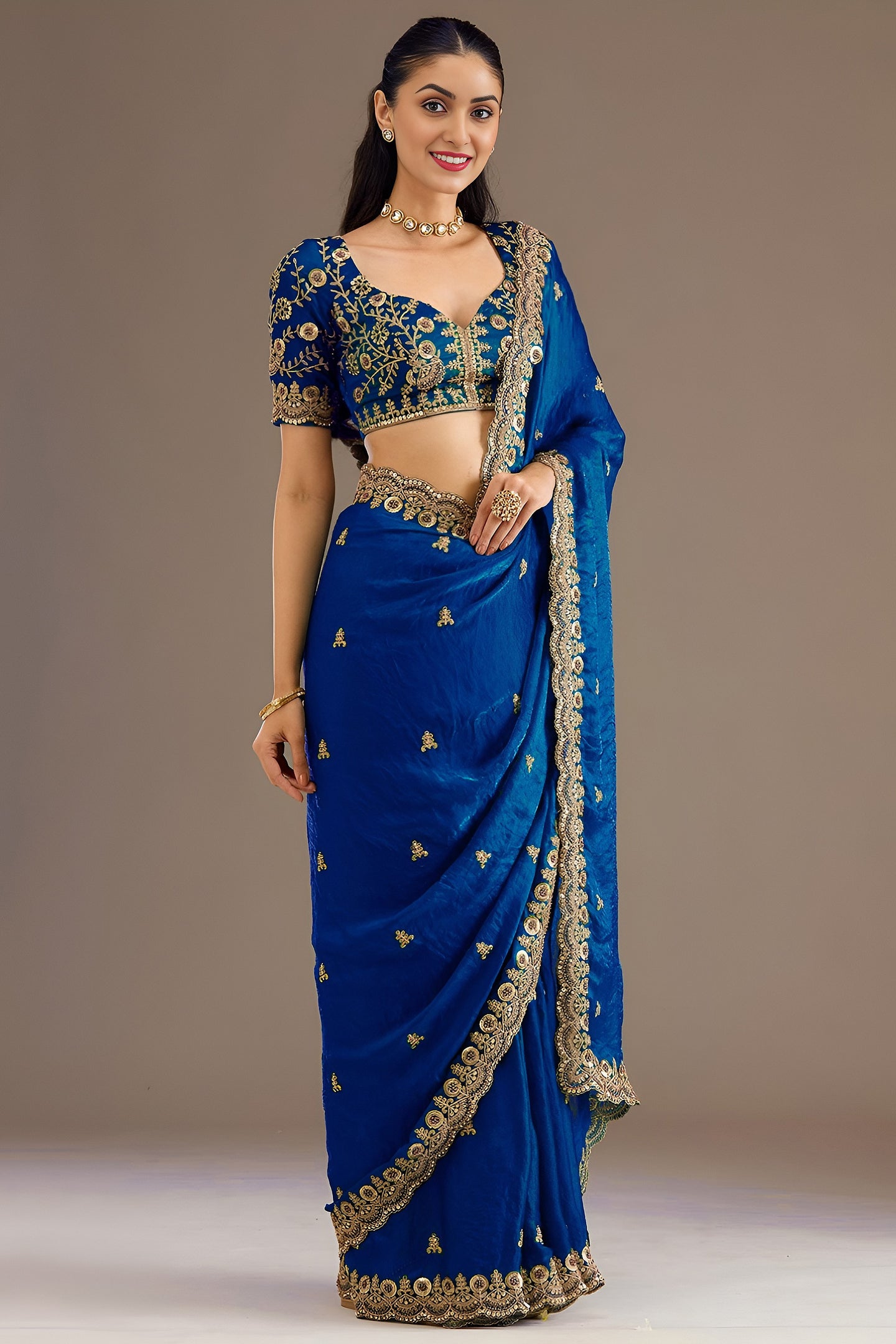 Royal Blue Tissue Saree with Stitched Blouse featuring Sequin, Zari and Pearl Work