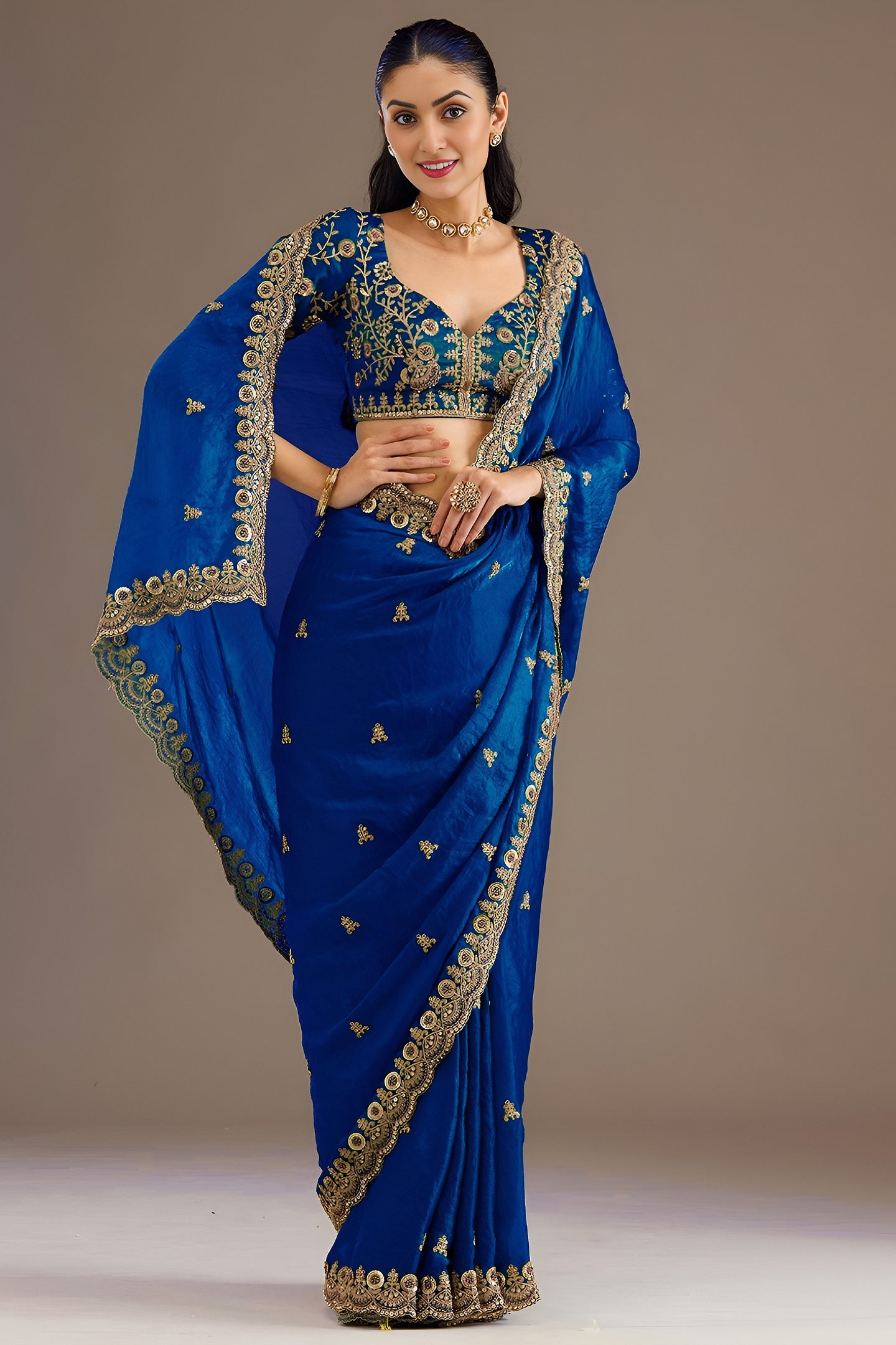 Royal Blue Tissue Saree with Stitched Blouse featuring Sequin, Zari and Pearl Work