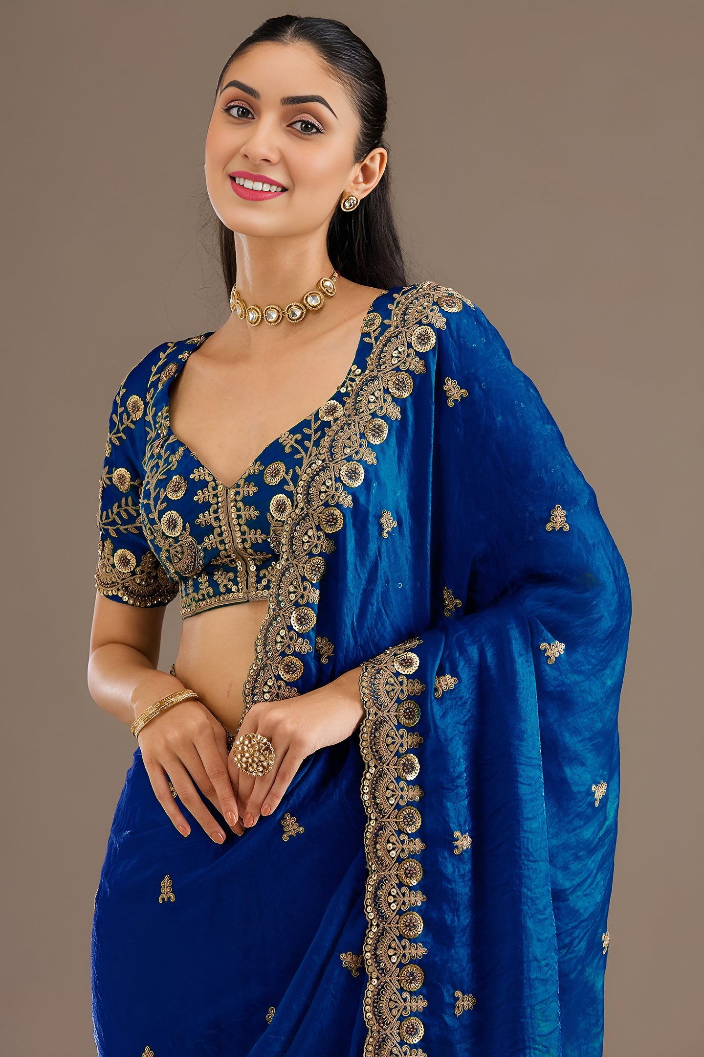 Royal Blue Tissue Saree with Stitched Blouse featuring Sequin, Zari and Pearl Work
