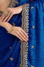 Royal Blue Tissue Saree with Stitched Blouse featuring Sequin, Zari and Pearl Work