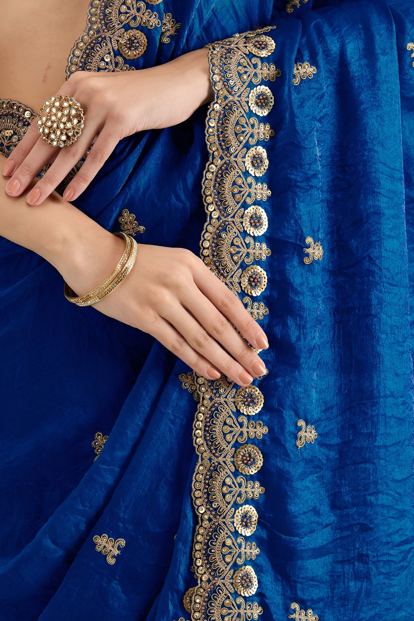 Royal Blue Tissue Saree with Stitched Blouse featuring Sequin, Zari and Pearl Work