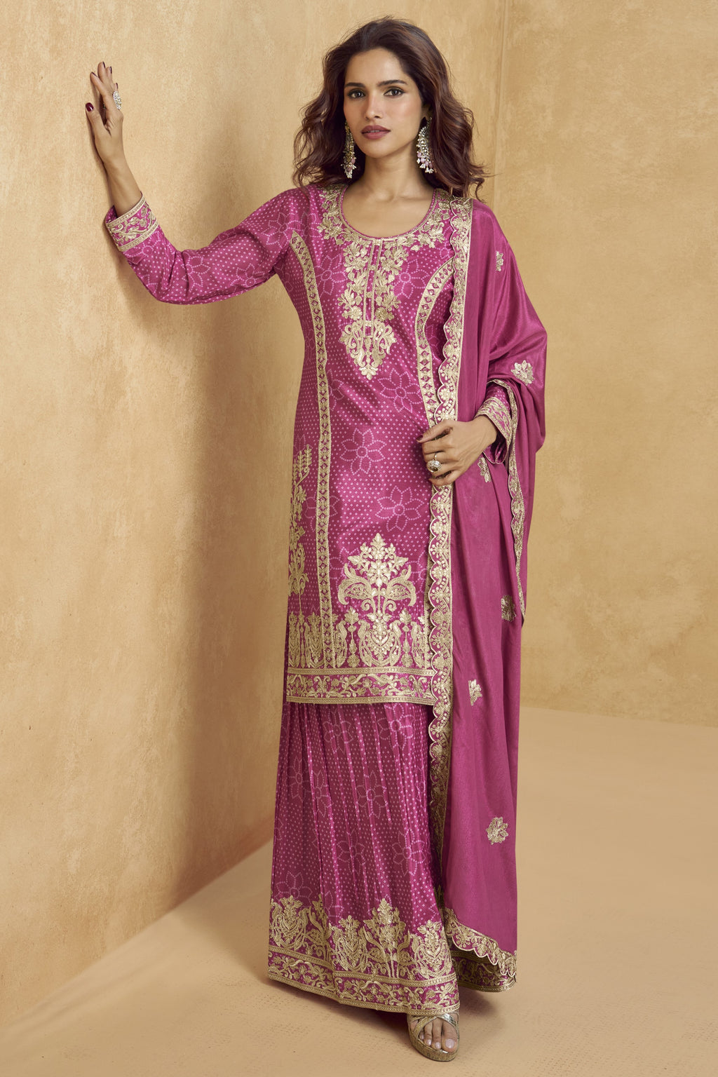 Pink Chinon Silk Palazzo Suit For Indian Wedding & Pakistani Festival - Embroidery Work