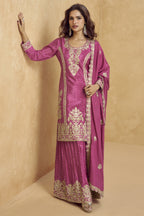 Pink Chinon Silk Palazzo Suit For Indian Wedding & Pakistani Festival - Embroidery Work