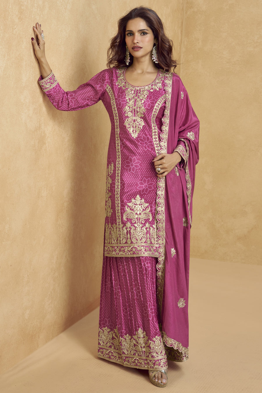 Pink Chinon Silk Palazzo Suit For Indian Wedding & Pakistani Festival - Embroidery Work