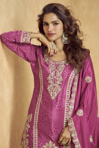Pink Chinon Silk Palazzo Suit For Indian Wedding & Pakistani Festival - Embroidery Work