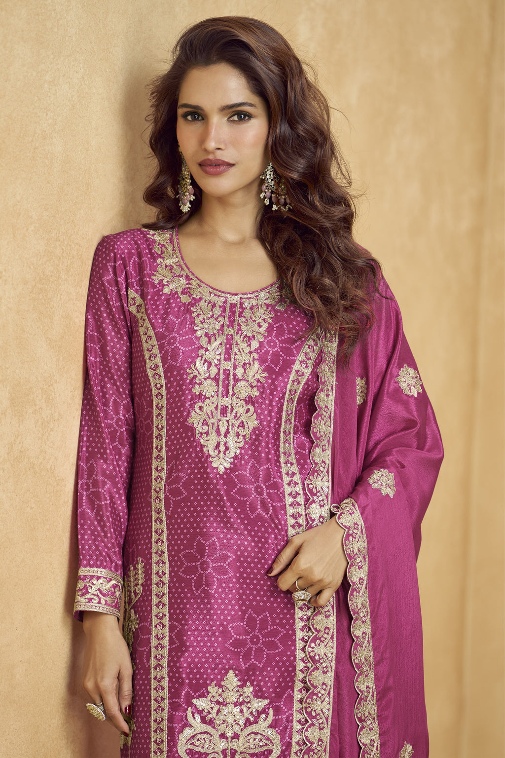 Pink Chinon Silk Palazzo Suit For Indian Wedding & Pakistani Festival - Embroidery Work