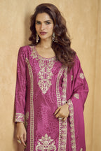 Pink Chinon Silk Palazzo Suit For Indian Wedding & Pakistani Festival - Embroidery Work
