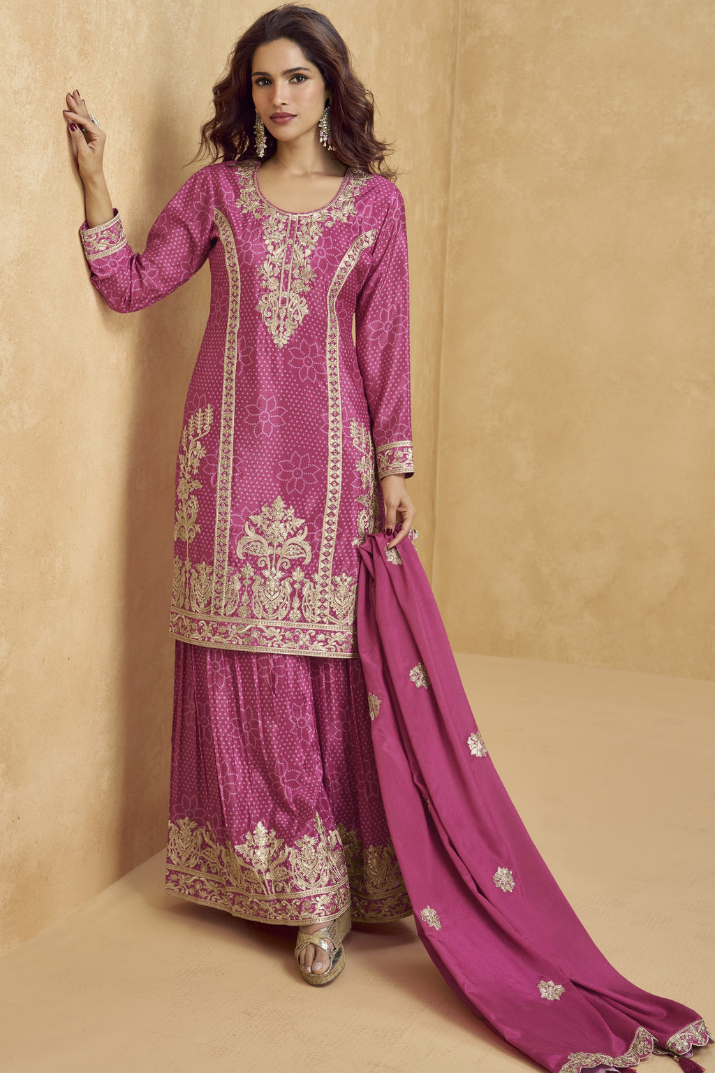 Pink Chinon Silk Palazzo Suit For Indian Wedding & Pakistani Festival - Embroidery Work