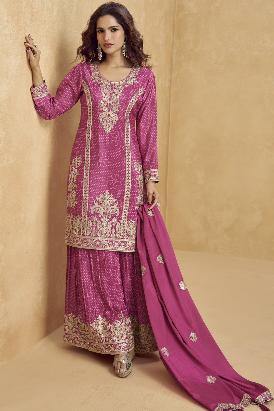Pink Chinon Silk Palazzo Suit For Indian Wedding & Pakistani Festival - Embroidery Work
