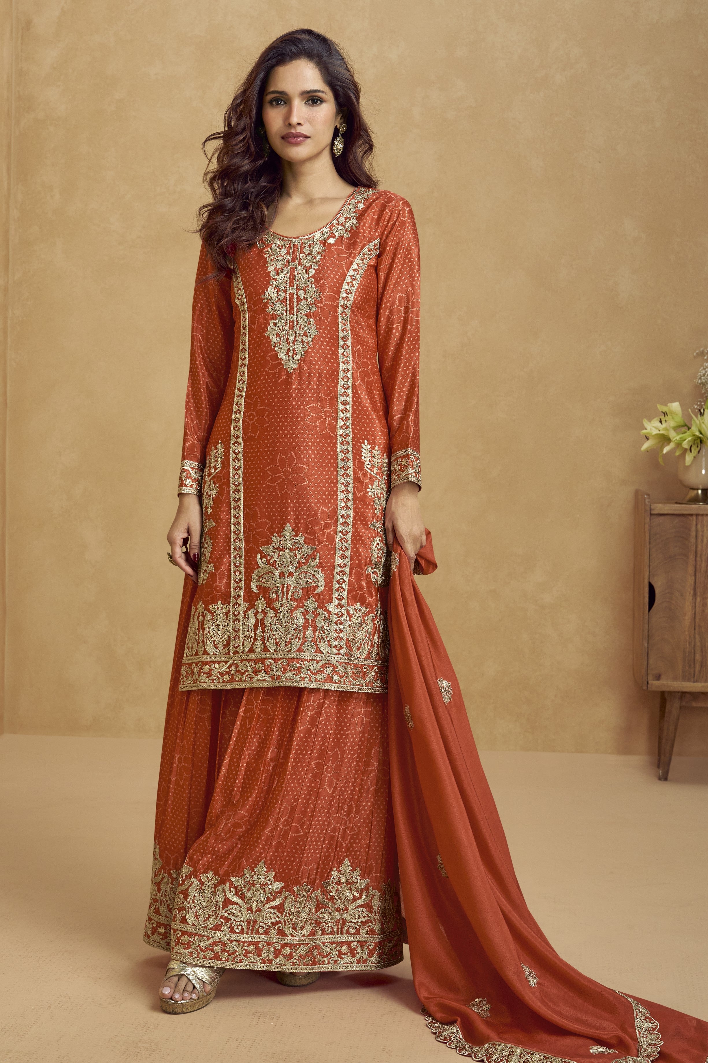 Orange Chinon Silk Palazzo Suit For Indian Wedding & Pakistani Festival - Embroidery Work