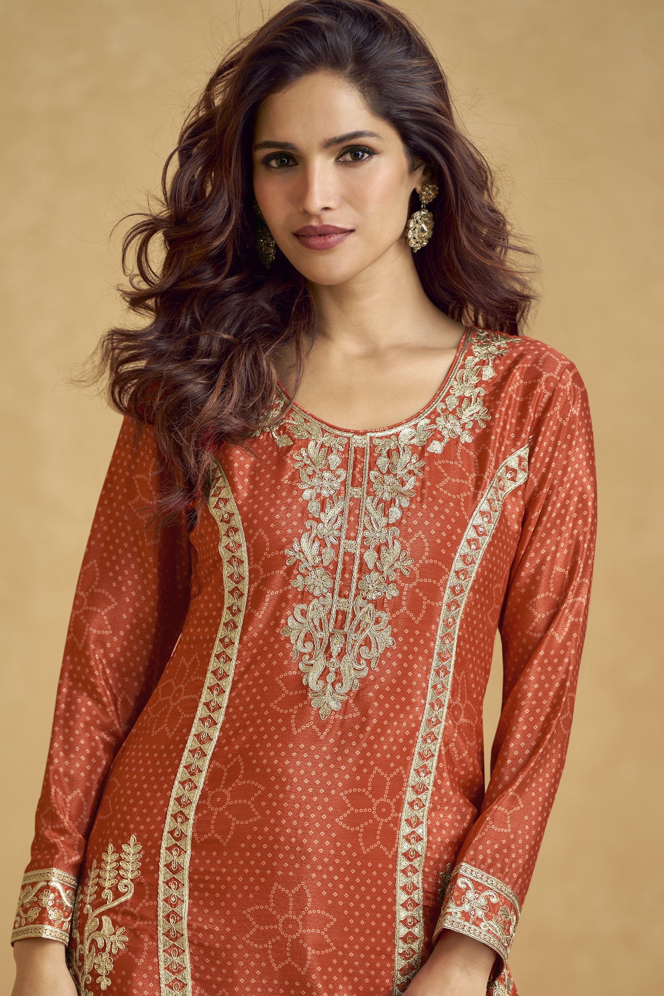 Orange Chinon Silk Palazzo Suit For Indian Wedding & Pakistani Festival - Embroidery Work
