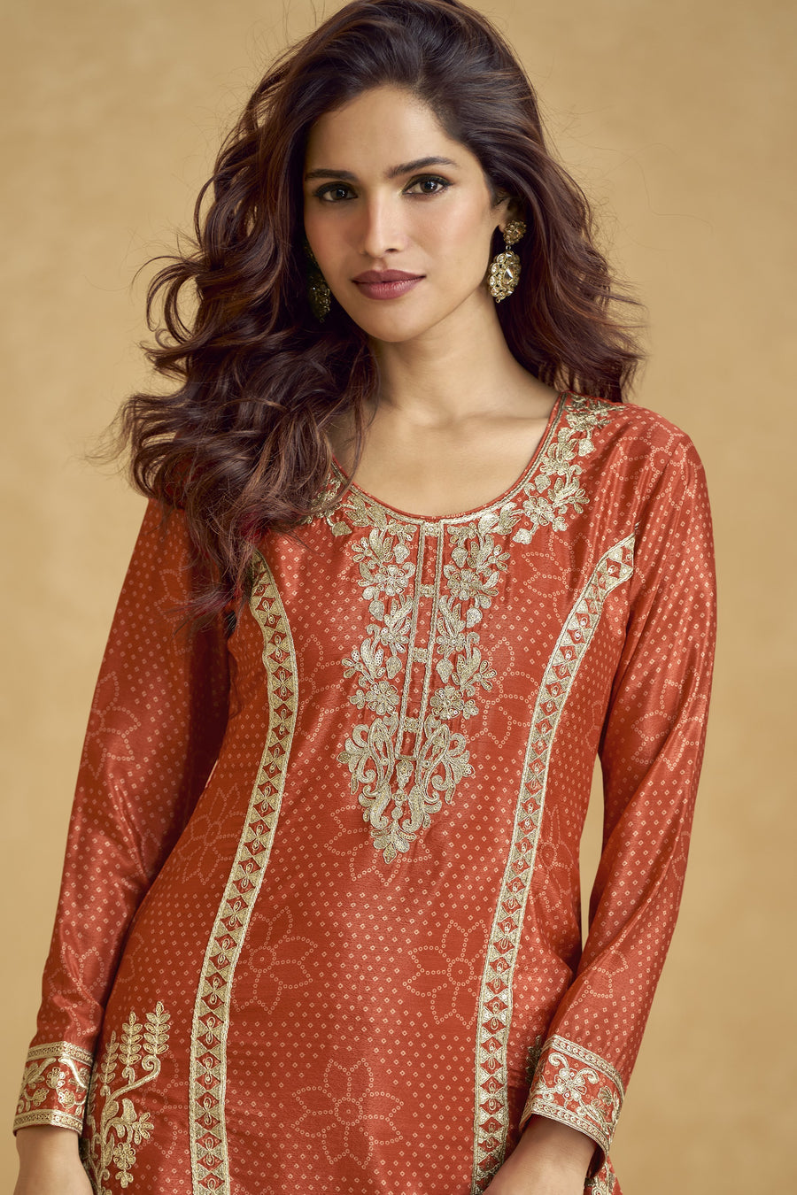 Orange Chinon Silk Palazzo Suit For Indian Wedding & Pakistani Festival - Embroidery Work