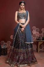 Navy Blue Banglori Silk Party Wear Lehenga Choli For Indian & Pakistani Wedding Festival - Print Work, Real Mirror Work, Embroidery Work