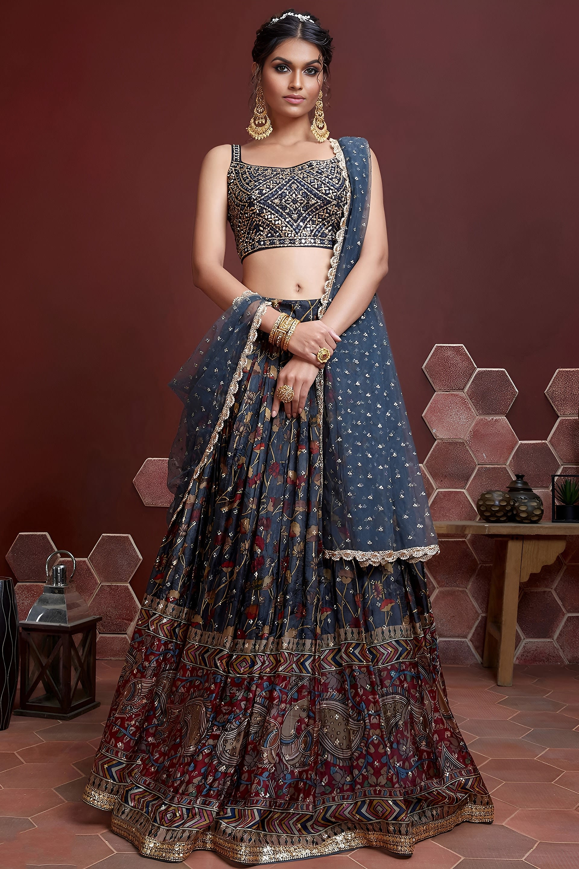 Navy Blue Banglori Silk Party Wear Lehenga Choli For Indian & Pakistani Wedding Festival - Print Work, Real Mirror Work, Embroidery Work