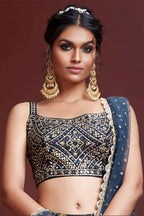 Navy Blue Banglori Silk Party Wear Lehenga Choli For Indian & Pakistani Wedding Festival - Print Work, Real Mirror Work, Embroidery Work