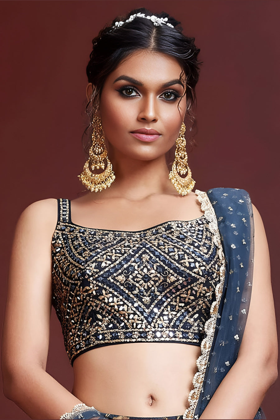 Navy Blue Banglori Silk Party Wear Lehenga Choli For Indian & Pakistani Wedding Festival - Print Work, Real Mirror Work, Embroidery Work