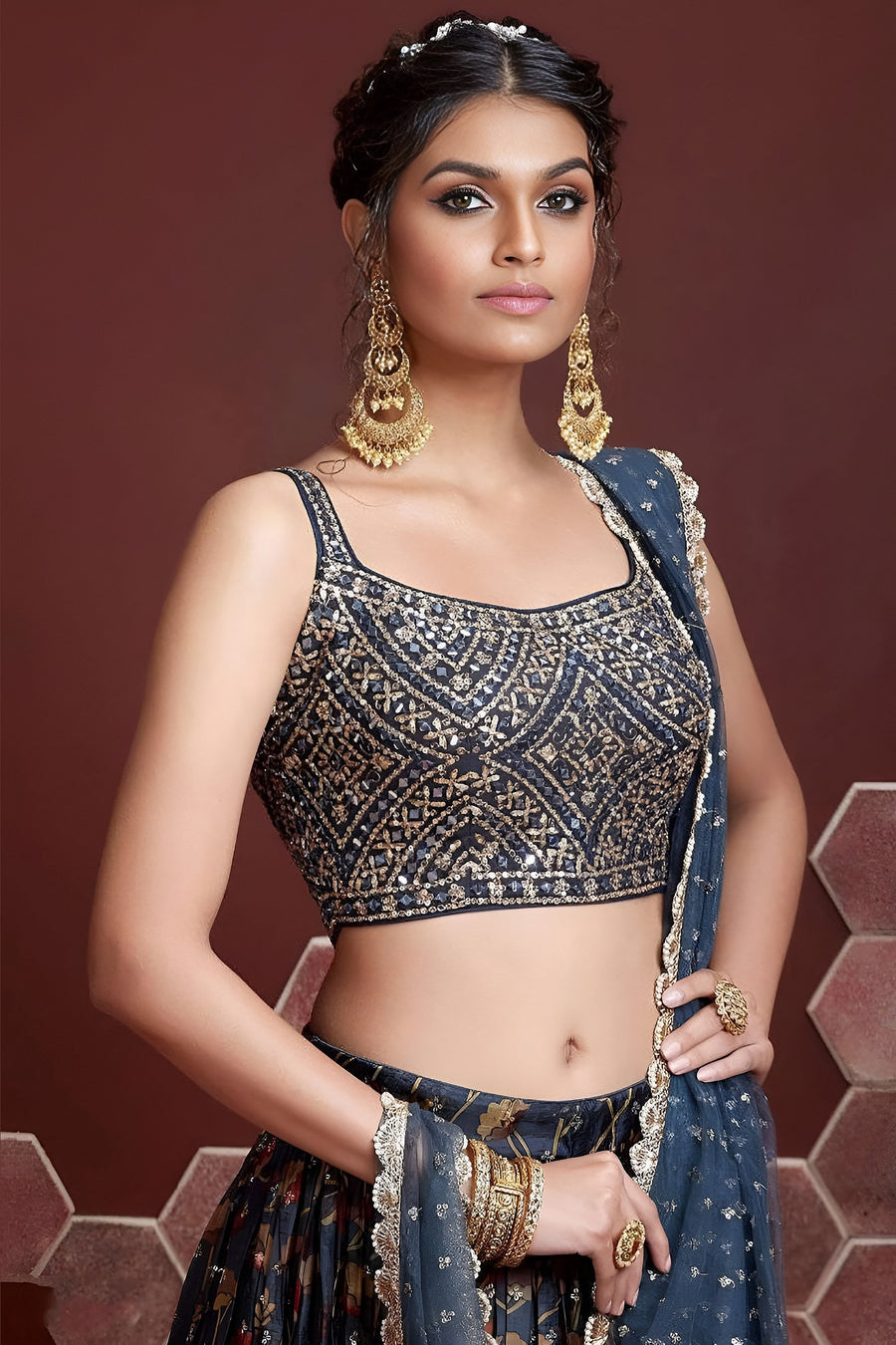 Navy Blue Banglori Silk Party Wear Lehenga Choli For Indian & Pakistani Wedding Festival - Print Work, Real Mirror Work, Embroidery Work