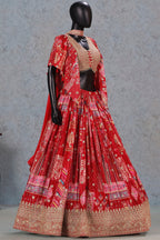 Red Chinon Silk Lehenga Choli For Indian & Pakistani Wedding Festival - Print Work, Dori Work, Zari Work