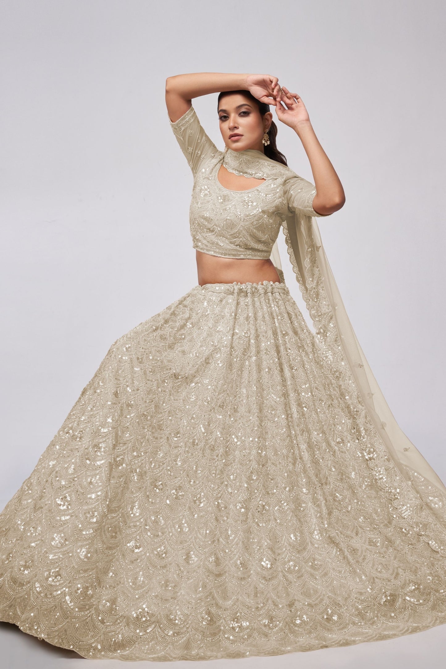 Off White Soft Net Lehenga Choli For Indian Festivals & Weddings - Sequins Work, Bead Work, Zarkan Work