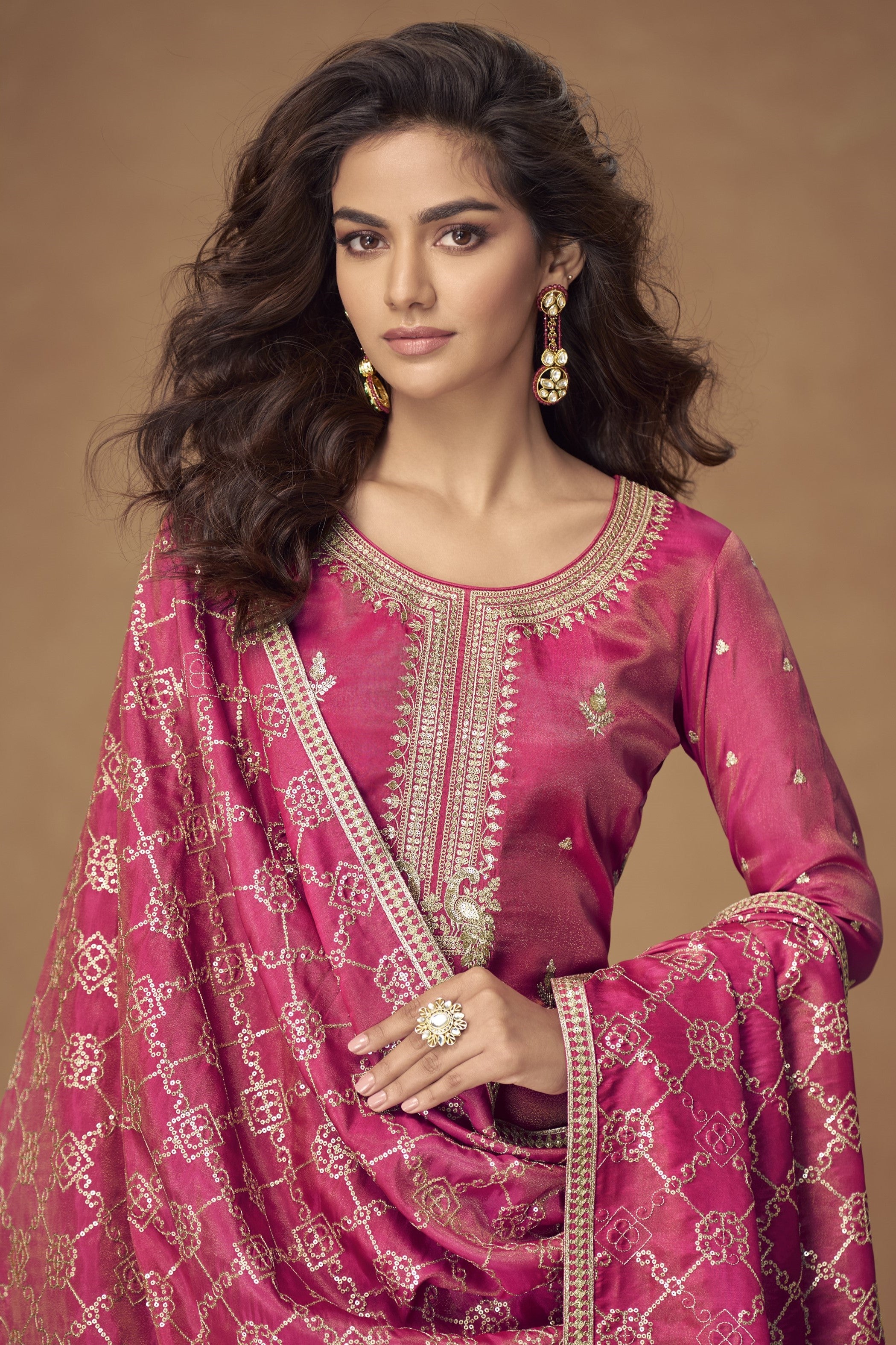 Pink Simmer Silk Kameez With Palazzo Suit For Indian & Pakistani Wedding Festival - Thread & Sequence Embroidery