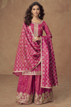Pink Simmer Silk Kameez With Palazzo Suit For Indian & Pakistani Wedding Festival - Thread & Sequence Embroidery