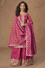 Pink Simmer Silk Kameez With Palazzo Suit For Indian & Pakistani Wedding Festival - Thread & Sequence Embroidery