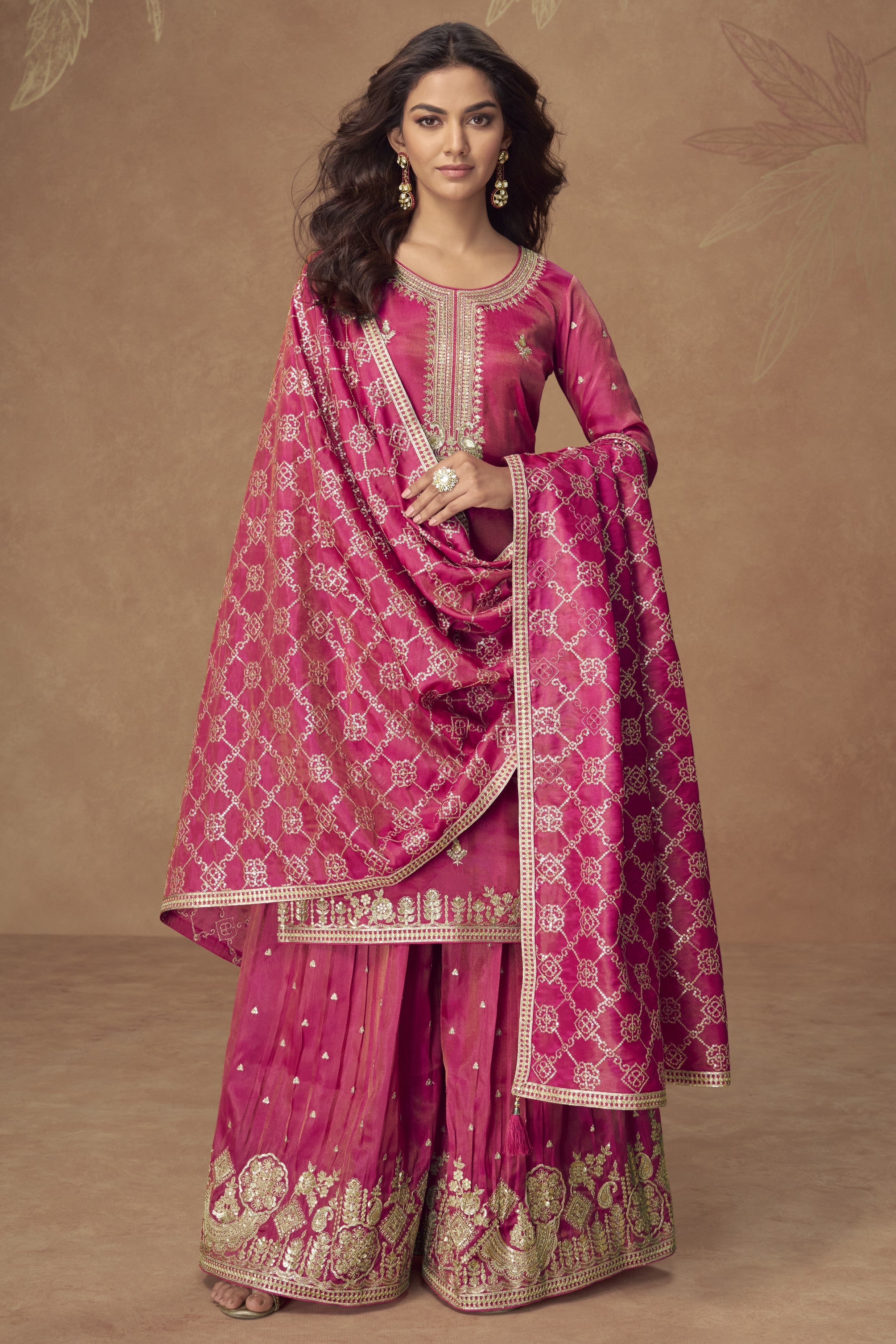 Pink Simmer Silk Kameez With Palazzo Suit For Indian & Pakistani Wedding Festival - Thread & Sequence Embroidery