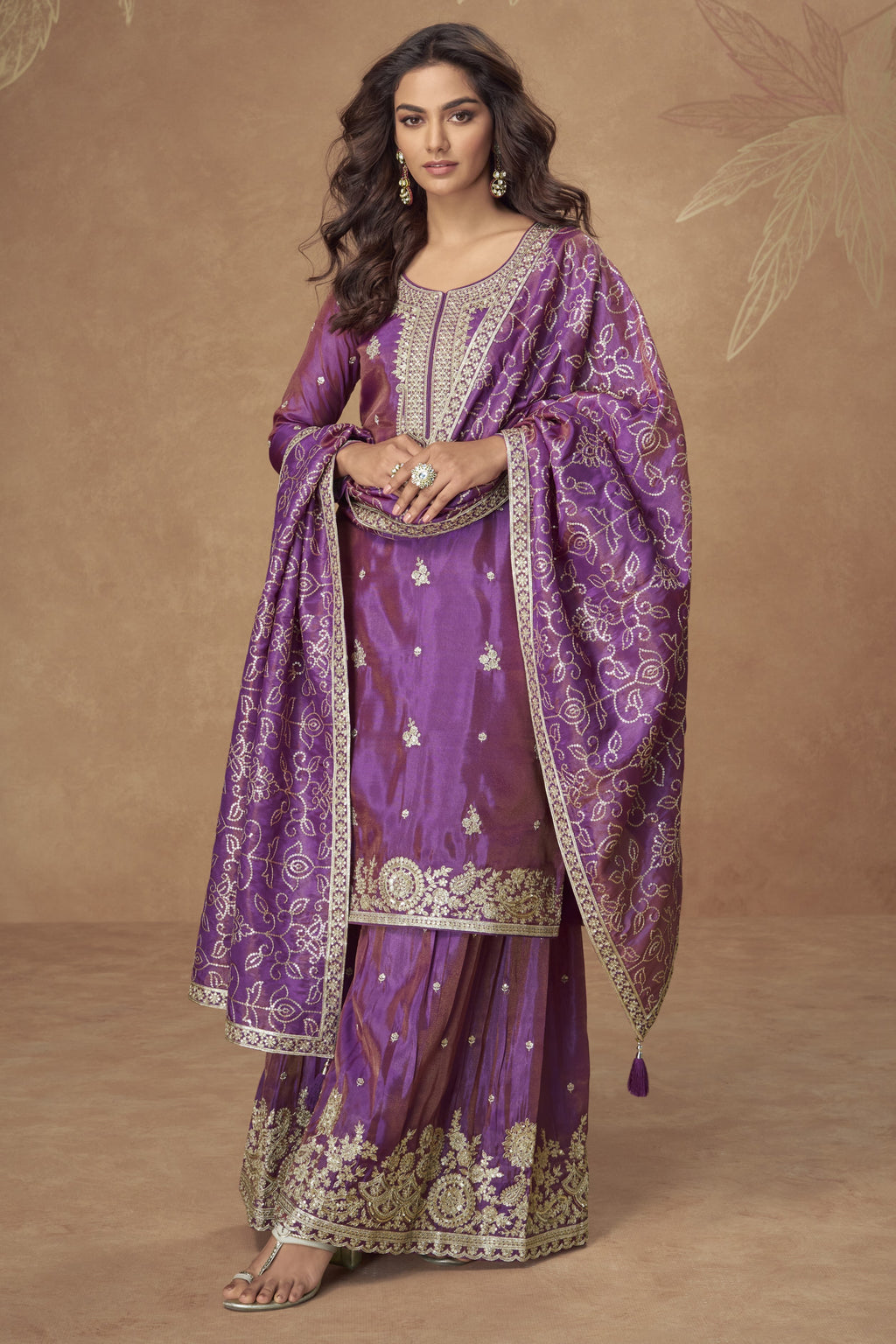 Purple Simmer Silk Kameez With Palazzo Suit For Indian & Pakistani Wedding Festival - Thread & Sequence Embroidery