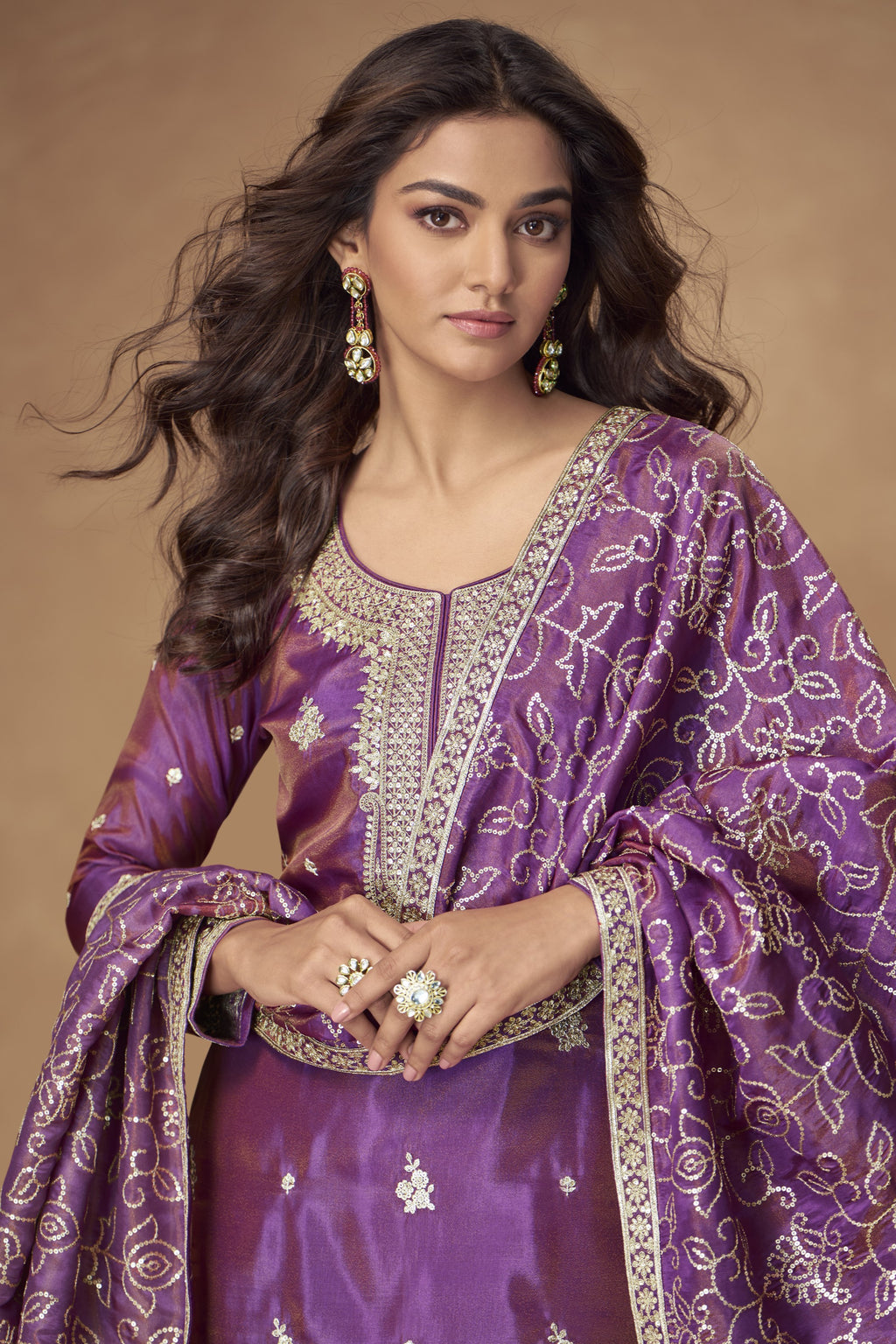 Purple Simmer Silk Kameez With Palazzo Suit For Indian & Pakistani Wedding Festival - Thread & Sequence Embroidery