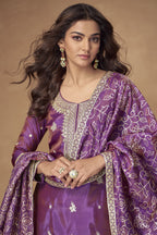 Purple Simmer Silk Kameez With Palazzo Suit For Indian & Pakistani Wedding Festival - Thread & Sequence Embroidery