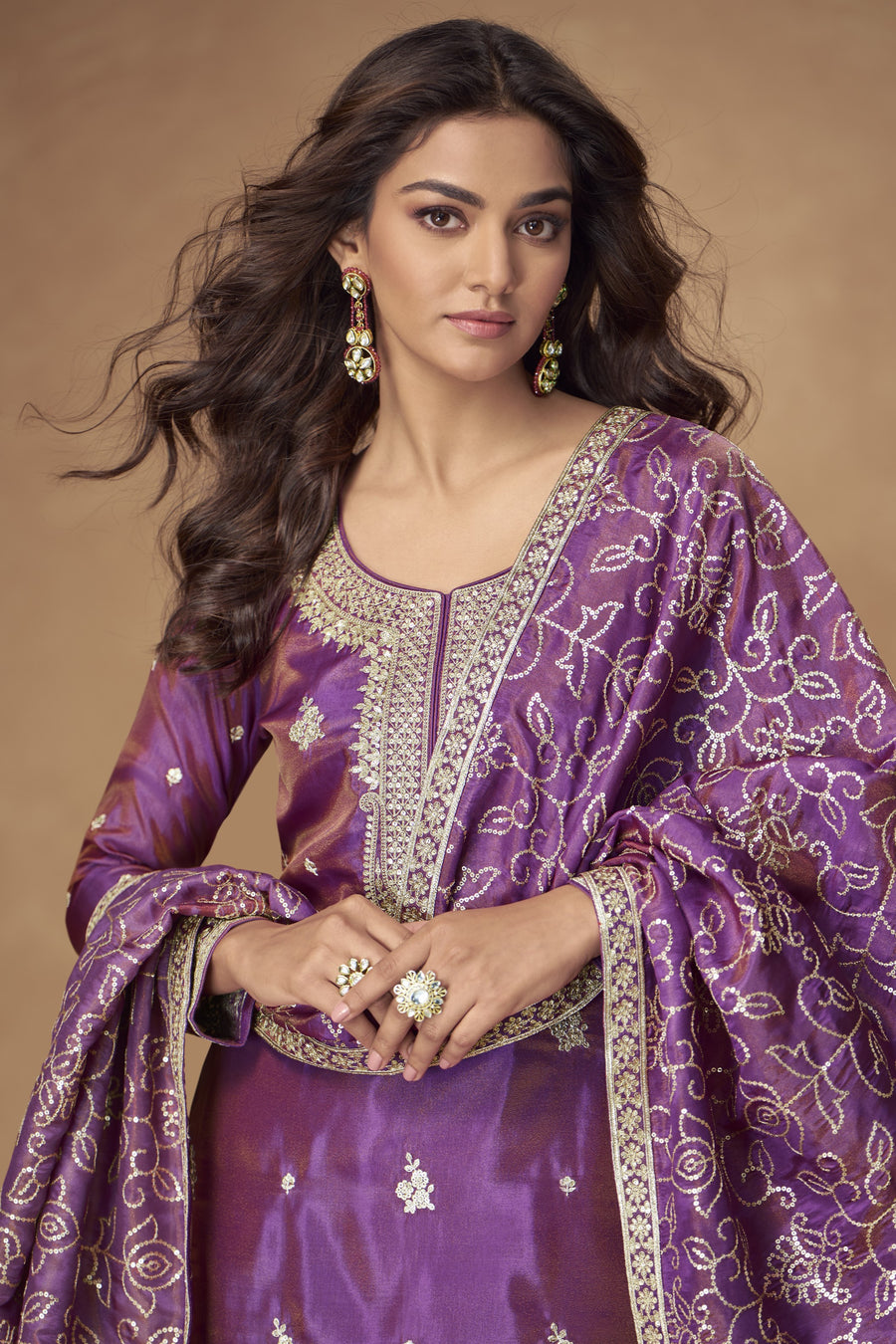Purple Simmer Silk Kameez With Palazzo Suit For Indian & Pakistani Wedding Festival - Thread & Sequence Embroidery