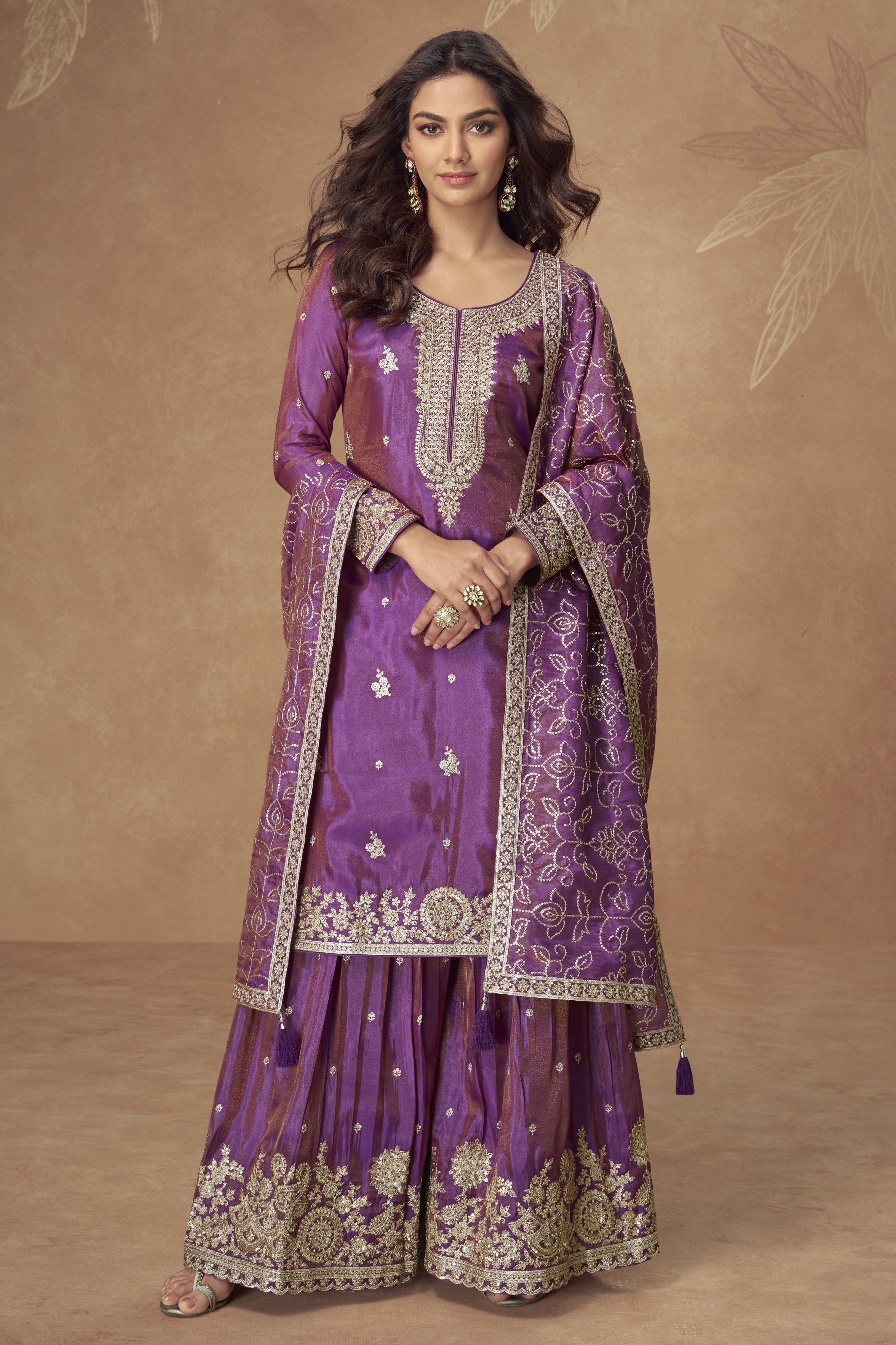 Purple Simmer Silk Kameez With Palazzo Suit For Indian & Pakistani Wedding Festival - Thread & Sequence Embroidery
