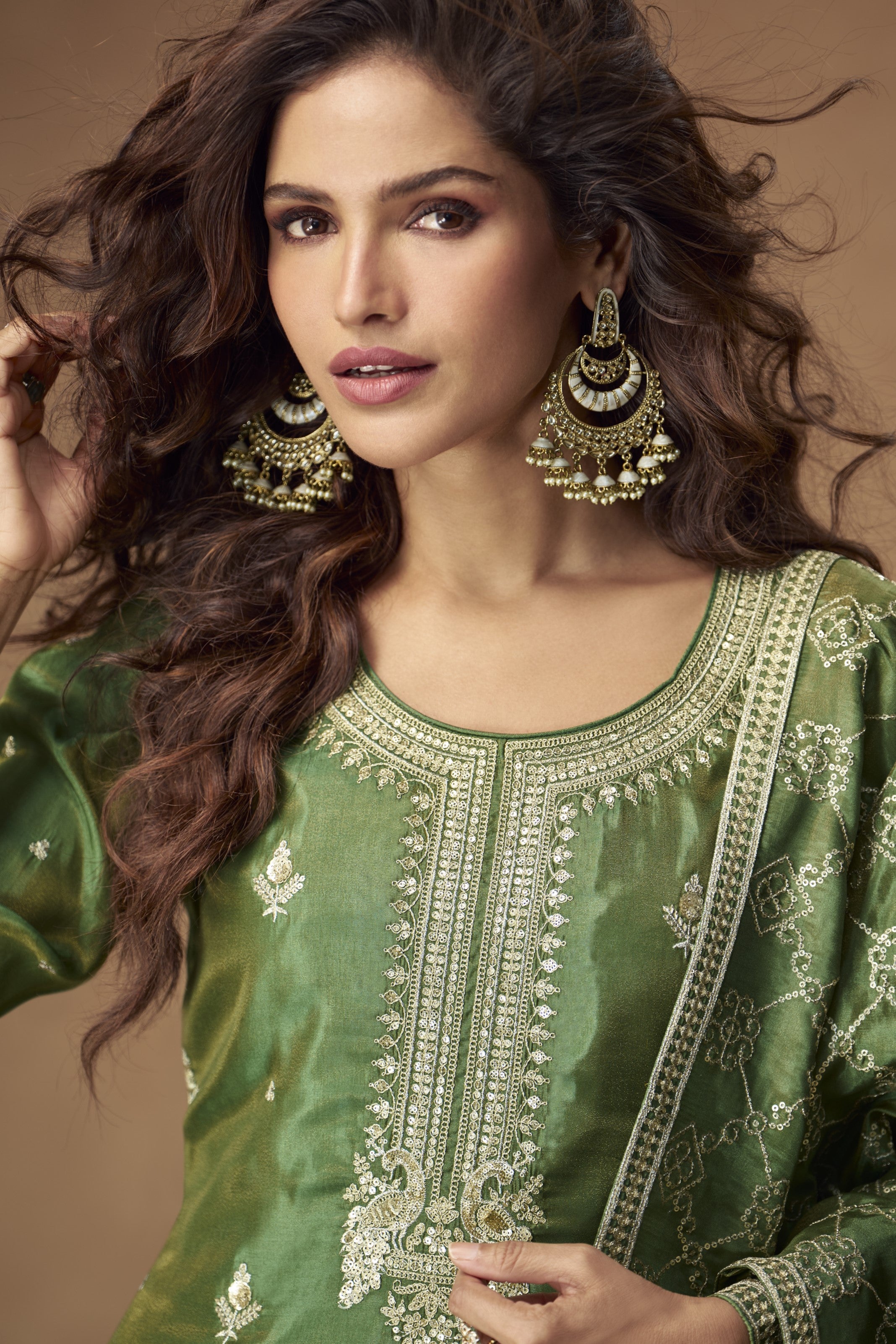Green Simmer Silk Kameez With Palazzo Suit For Indian & Pakistani Wedding Festival - Thread & Sequence Embroidery
