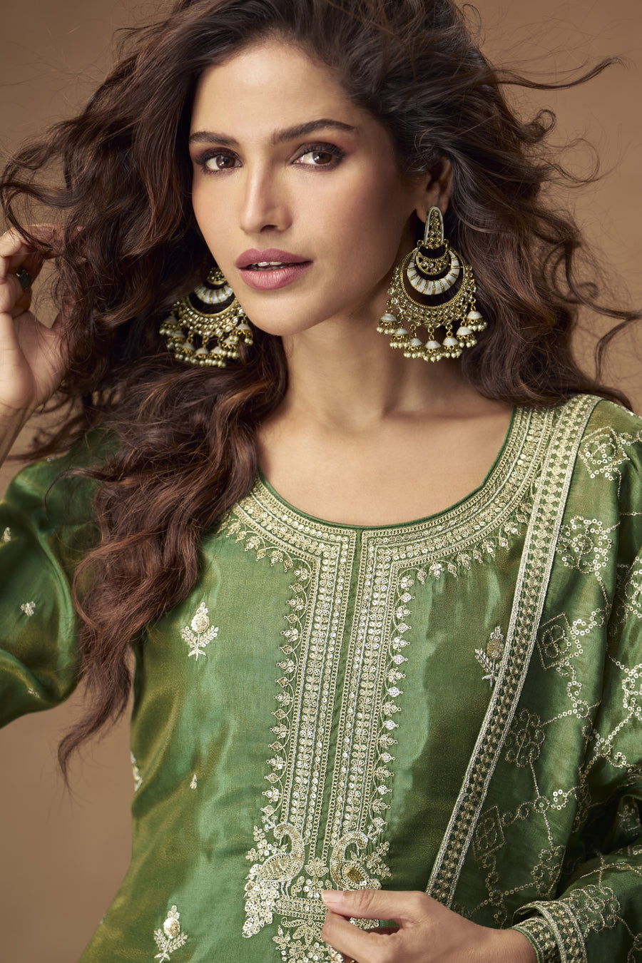 Green Simmer Silk Kameez With Palazzo Suit For Indian & Pakistani Wedding Festival - Thread & Sequence Embroidery