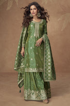 Green Simmer Silk Kameez With Palazzo Suit For Indian & Pakistani Wedding Festival - Thread & Sequence Embroidery