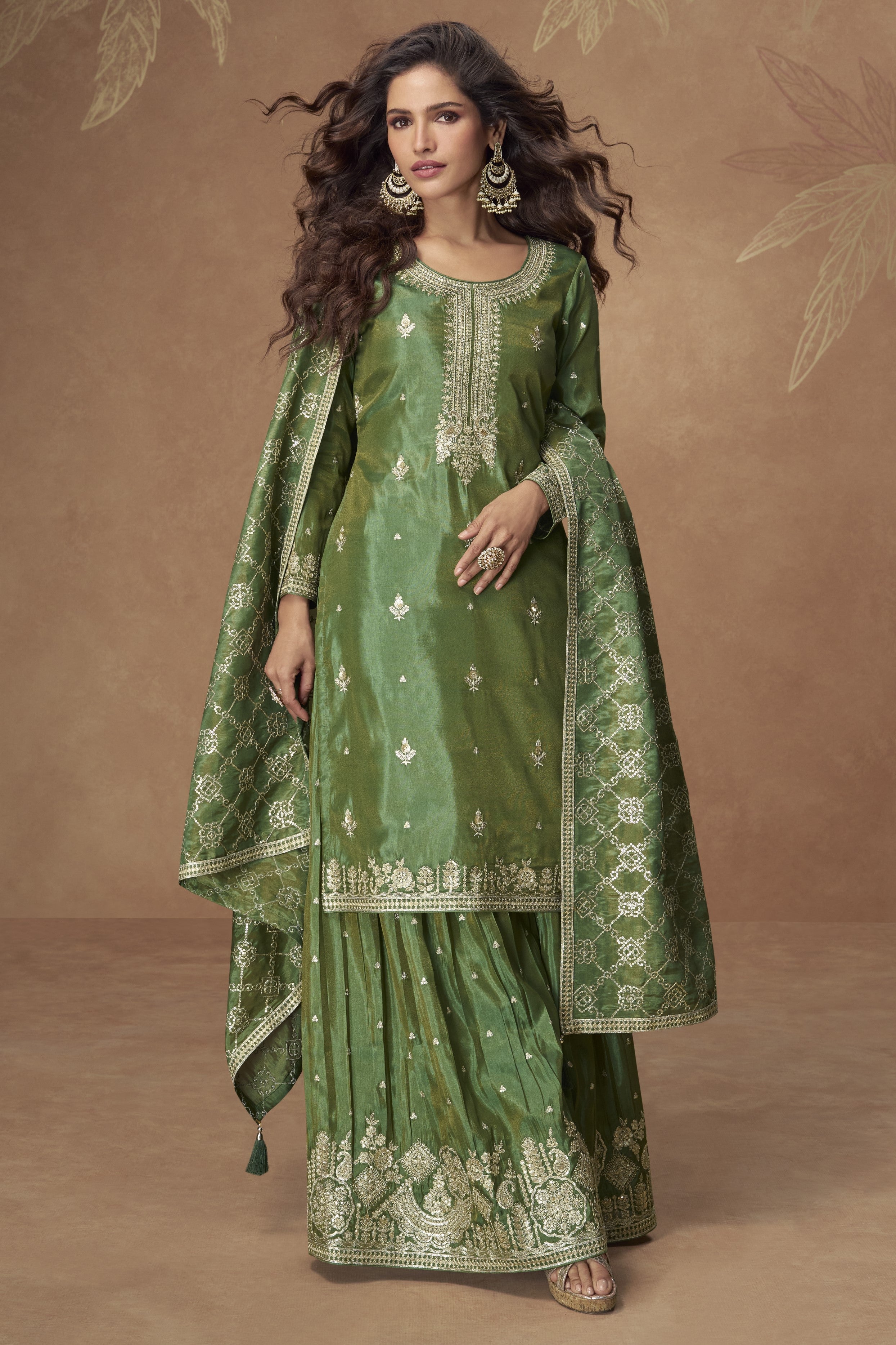 Green Simmer Silk Kameez With Palazzo Suit For Indian & Pakistani Wedding Festival - Thread & Sequence Embroidery