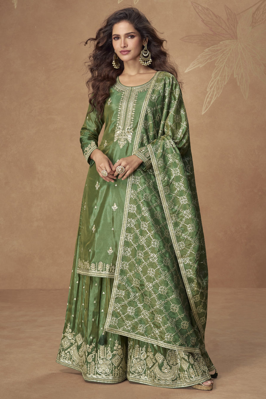 Green Simmer Silk Kameez With Palazzo Suit For Indian & Pakistani Wedding Festival - Thread & Sequence Embroidery