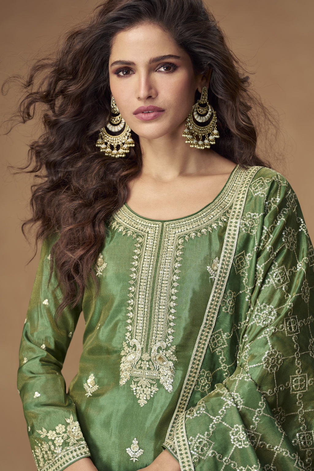 Green Simmer Silk Kameez With Palazzo Suit For Indian & Pakistani Wedding Festival - Thread & Sequence Embroidery