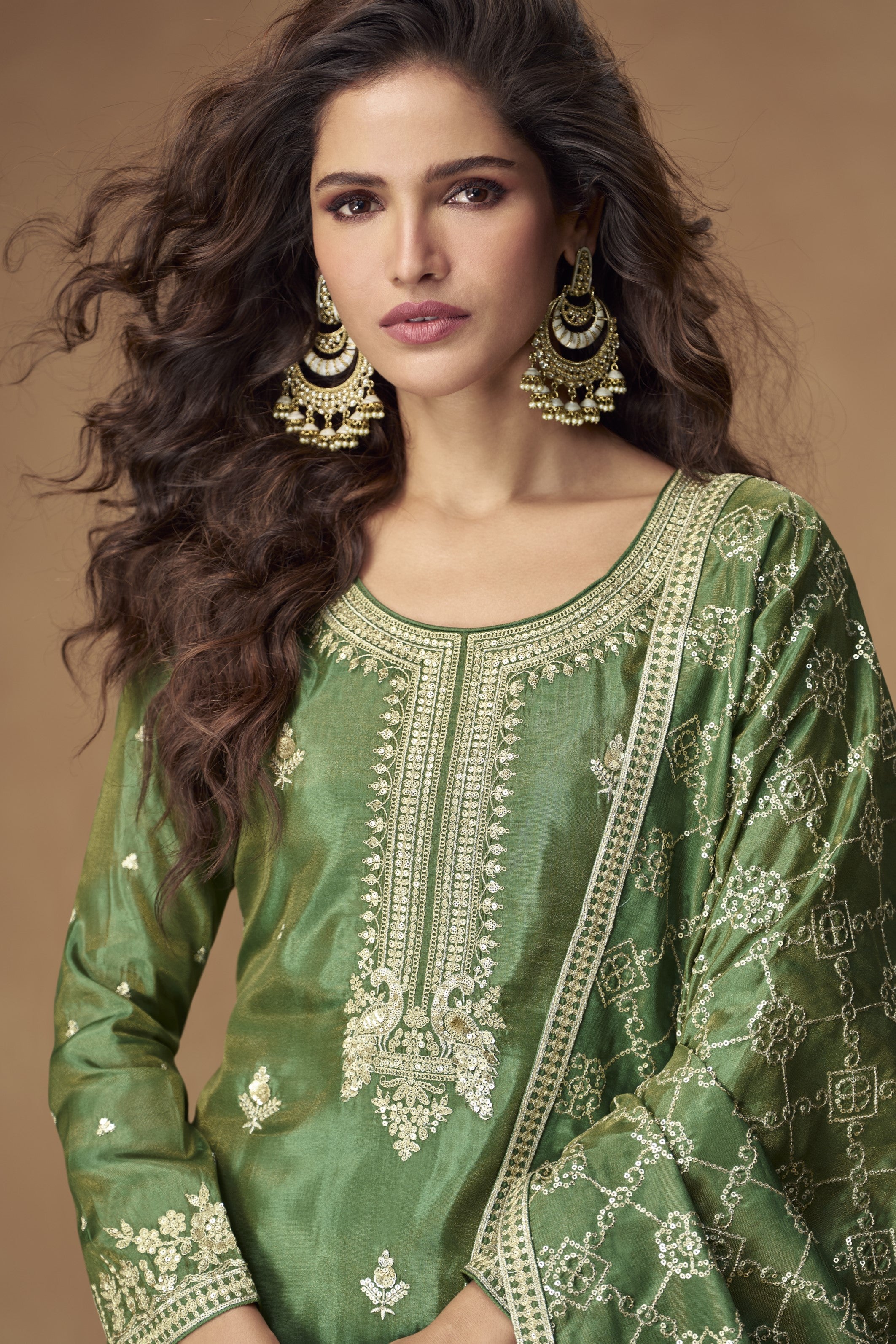 Green Simmer Silk Kameez With Palazzo Suit For Indian & Pakistani Wedding Festival - Thread & Sequence Embroidery
