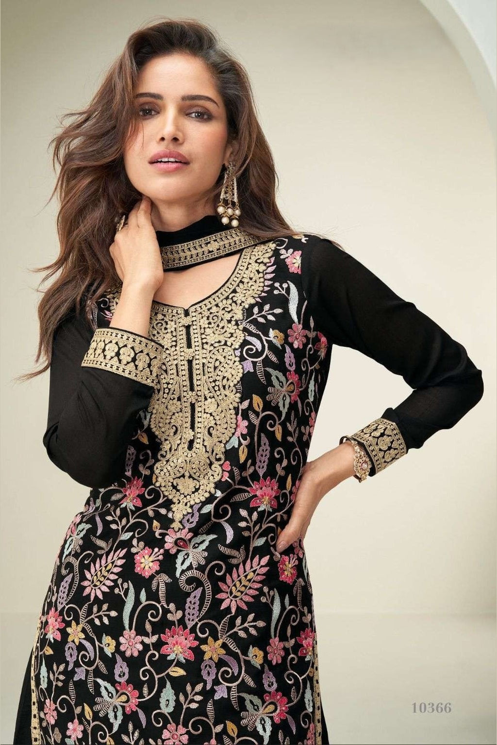 Black Chinon Silk Plazo Suit For Indian & Pakistani Wedding Festival - Embroidery Work