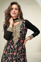 Black Chinon Silk Plazo Suit For Indian & Pakistani Wedding Festival - Embroidery Work