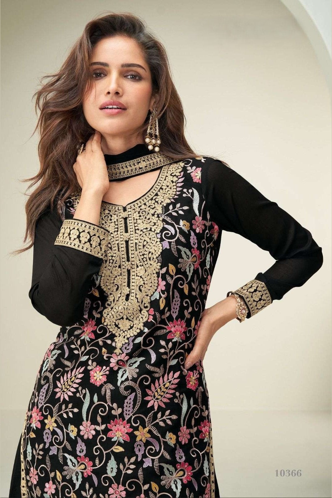 Black Chinon Silk Plazo Suit For Indian & Pakistani Wedding Festival - Embroidery Work