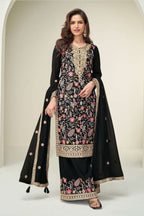 Black Chinon Silk Plazo Suit For Indian & Pakistani Wedding Festival - Embroidery Work