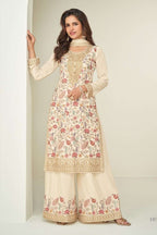 Cream Chinon Silk Plazo Suit For Indian & Pakistani Wedding Festival - Embroidery Work