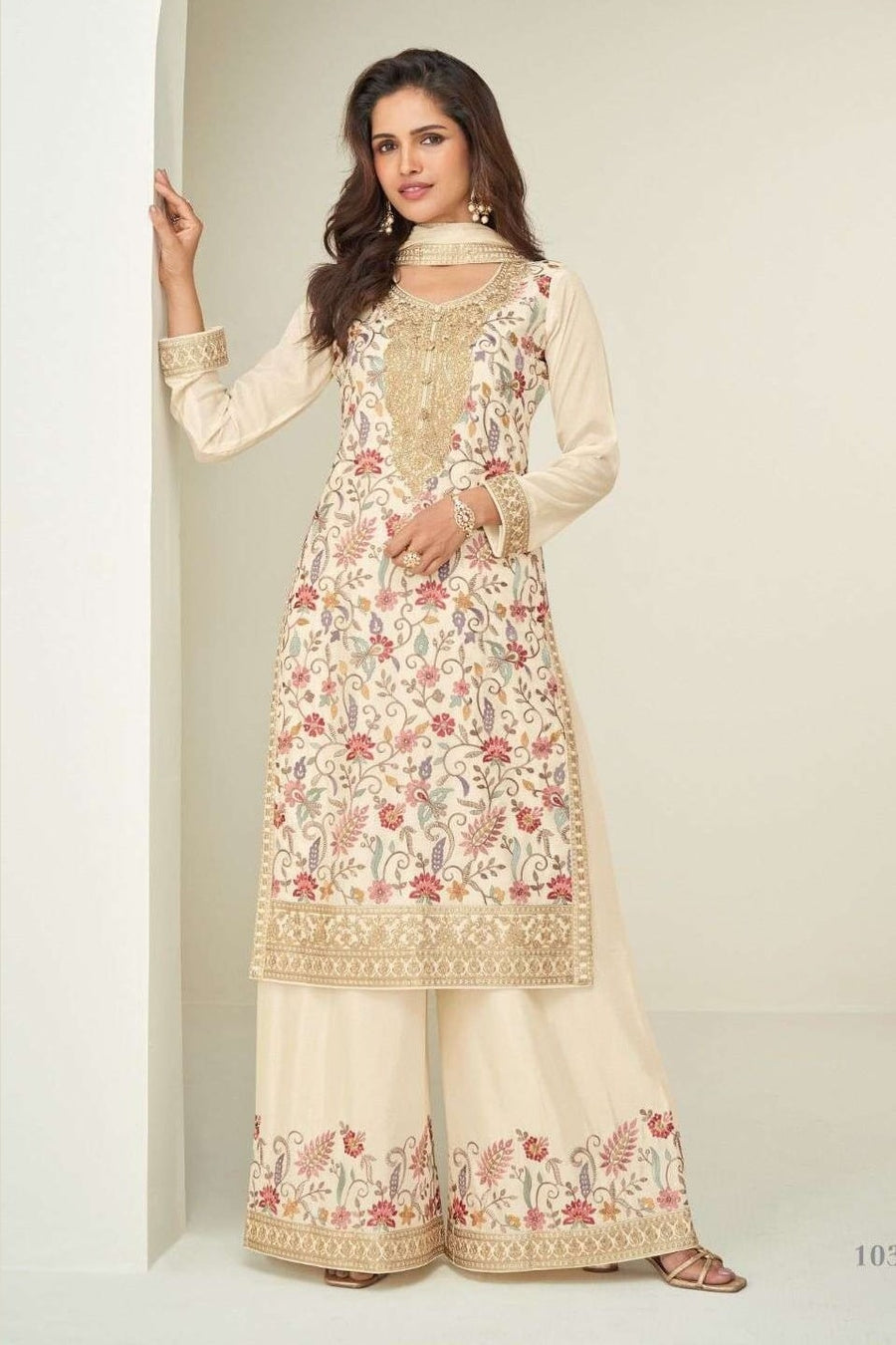 Cream Chinon Silk Plazo Suit For Indian & Pakistani Wedding Festival - Embroidery Work