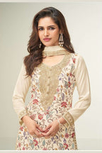 Cream Chinon Silk Plazo Suit For Indian & Pakistani Wedding Festival - Embroidery Work